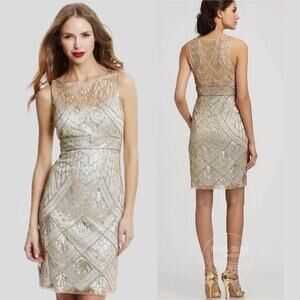 SUE WONG 12 Champagne Silver Beaded Sequin Bridal Formal Cocktail Evening Dress